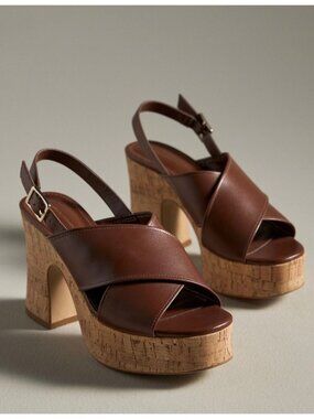 Anthropologie Brown Cross-Strap Woven Platform Sandals Size 38 US 7-7.5